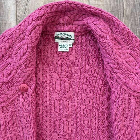 Aran Crafts 100% Merino Wool Cable Knit Cardigan Size XXS Chunky Pink Ireland - Picture 8 of 16